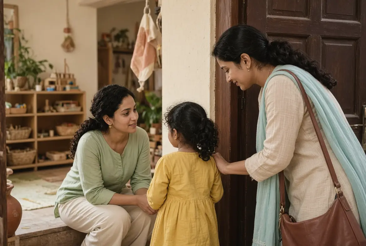 A teacher kneels at a child’s eye level at the classroom door while a parent says goodbye