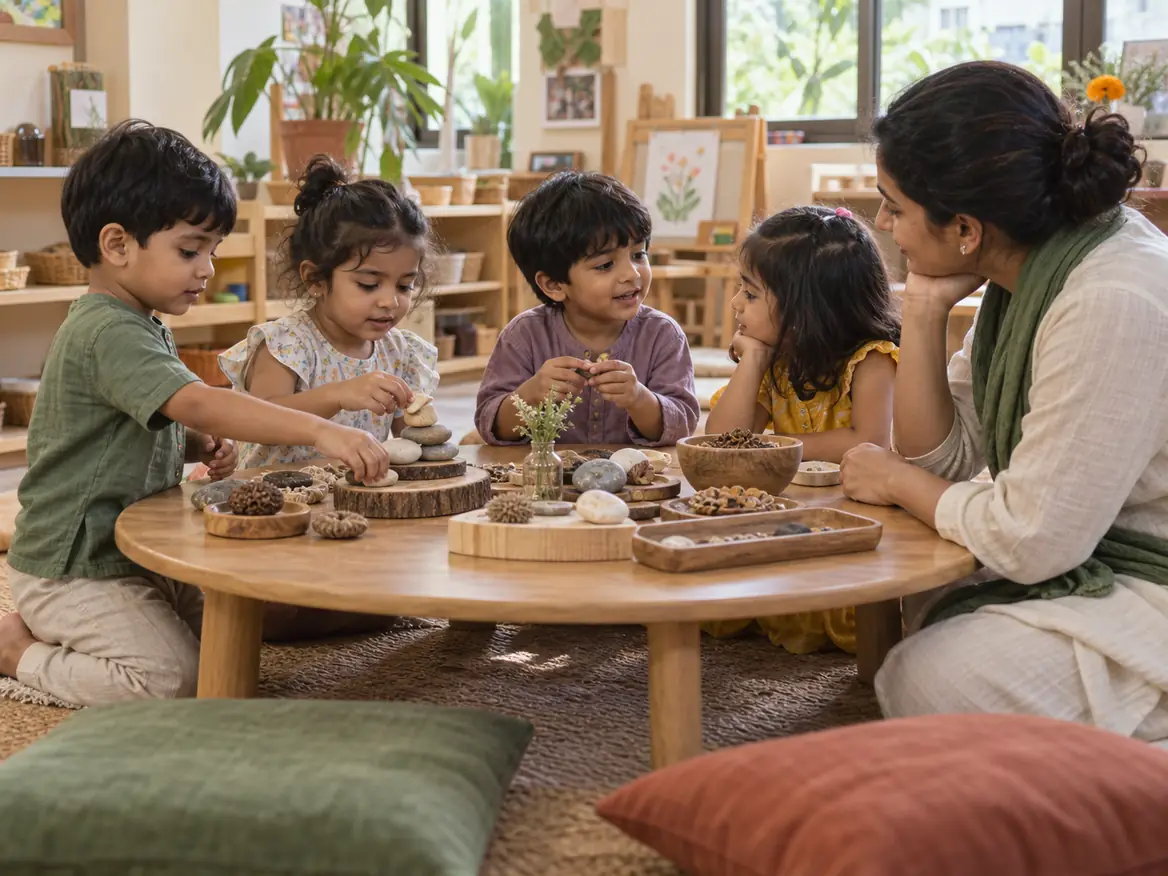 Four children and a teacher gathered around a low round table of natural materials