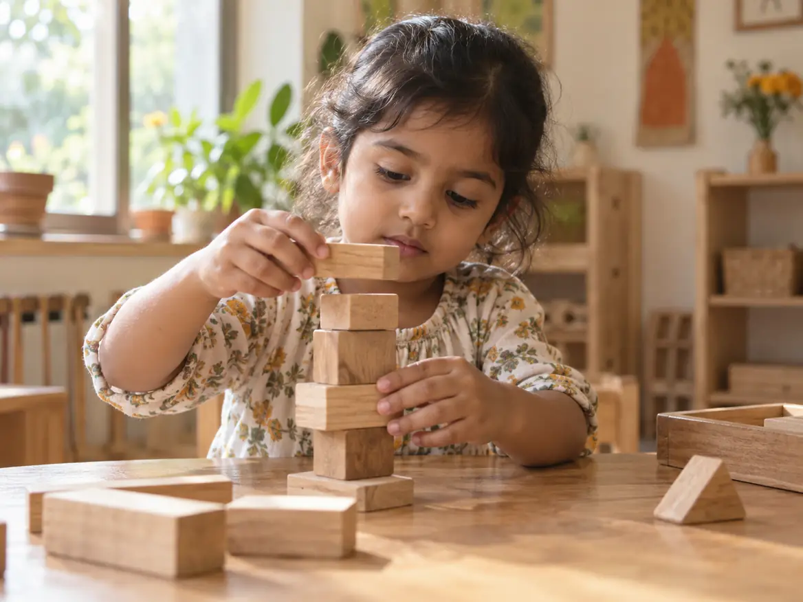 A young child balancing wooden blocks into a tall tower