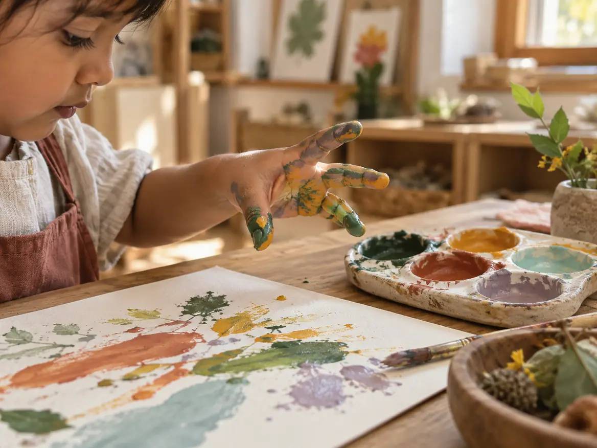 A child with paint on her fingers beside a sheet of leaf prints and a palette