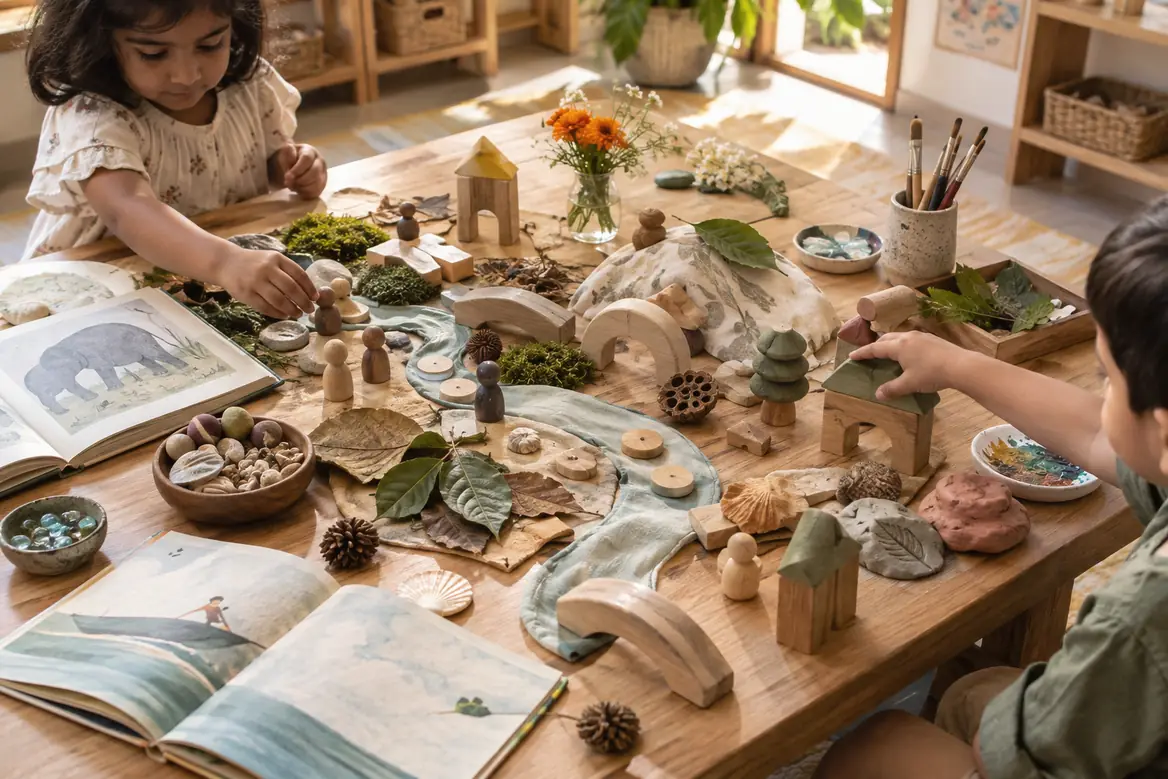Children exploring a table world of picture books, wooden houses, stones and leaves