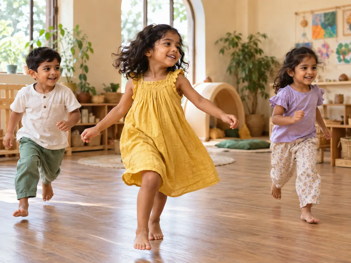 Three children running barefoot across a sunlit wooden floor