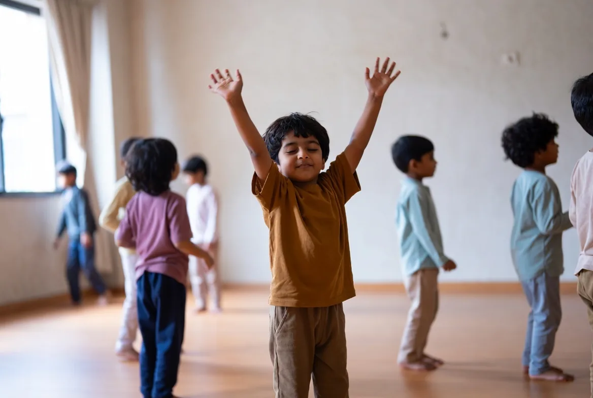 Children moving and dancing together in the hall