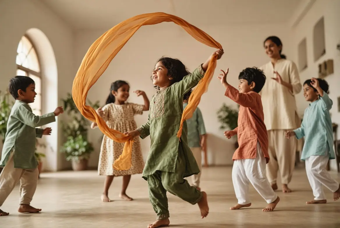 Children dancing with scarves in a bright hall while a teacher watches