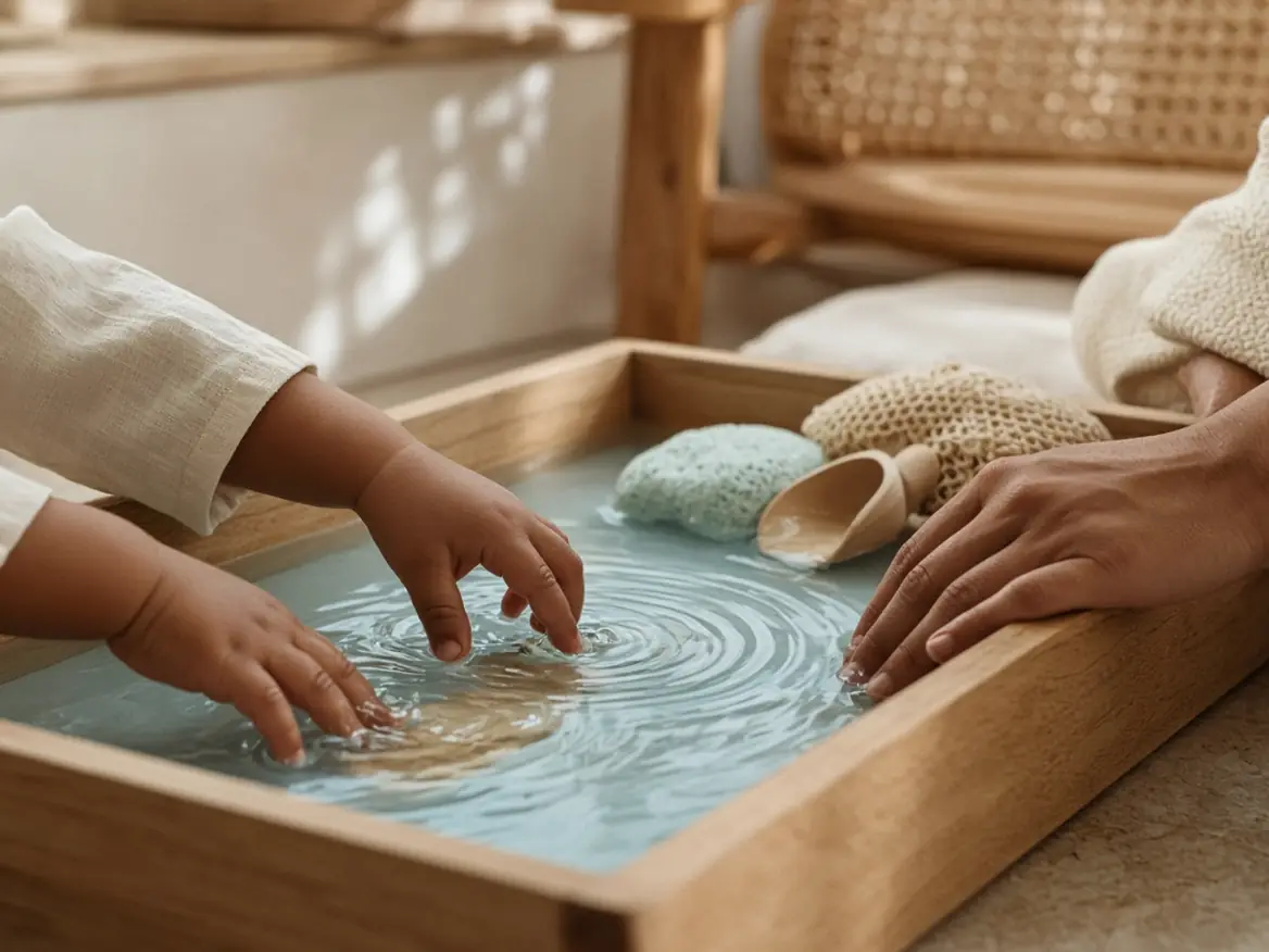 A toddler's hands exploring a shallow water tray beside a caregiver's hand