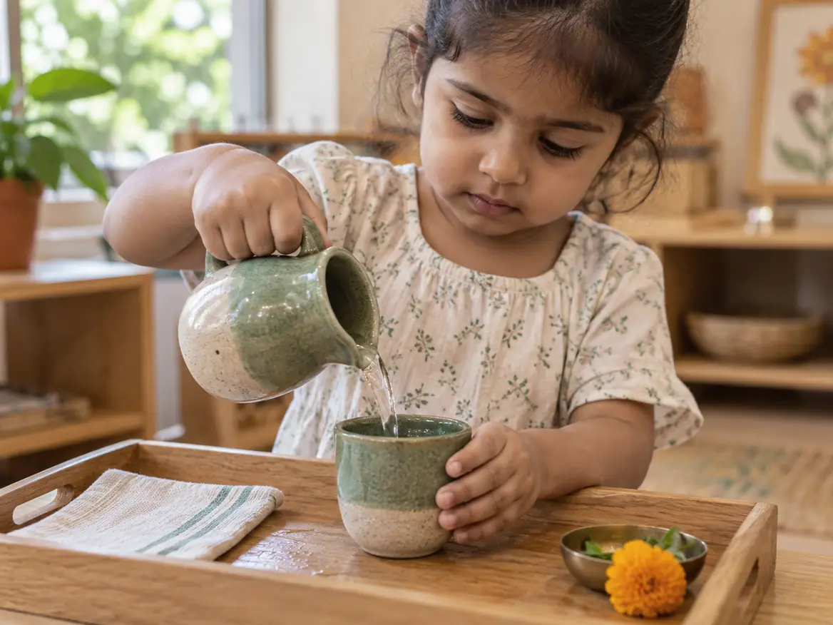 A young child carefully pours water from a ceramic jug into a cup on a wooden tray