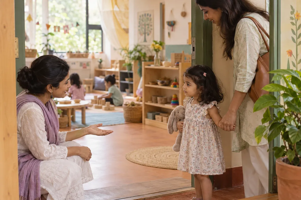 A parent and young child arriving at a classroom where a teacher welcomes them at the child’s level