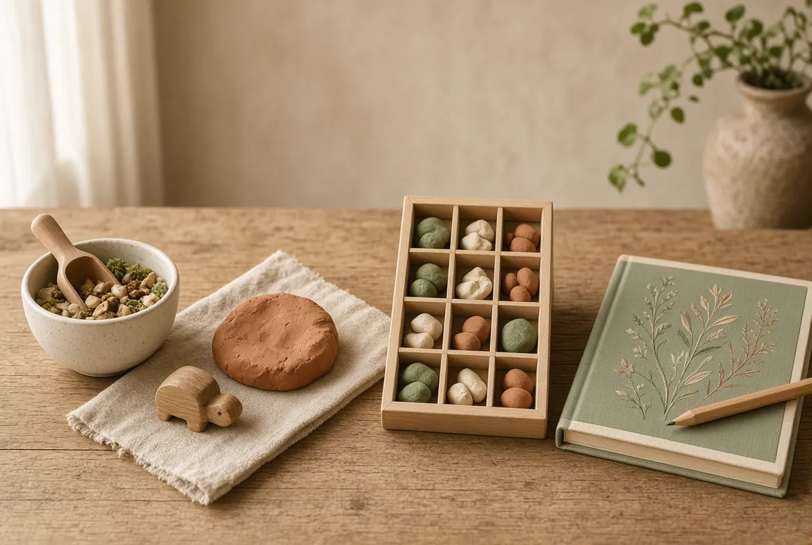 Early-years materials laid out on a table: clay, a sorting box, a wooden animal and a notebook