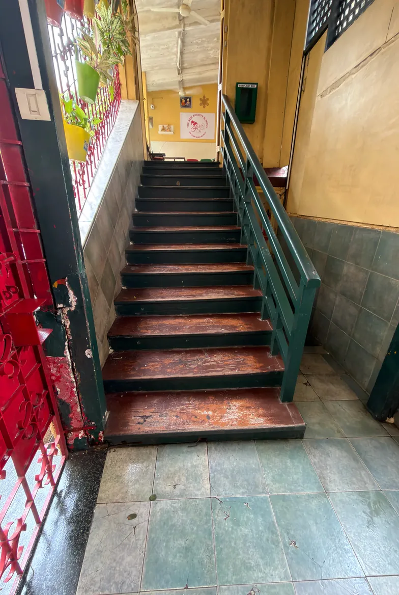 The entrance staircase at New Activity School, Grant Road