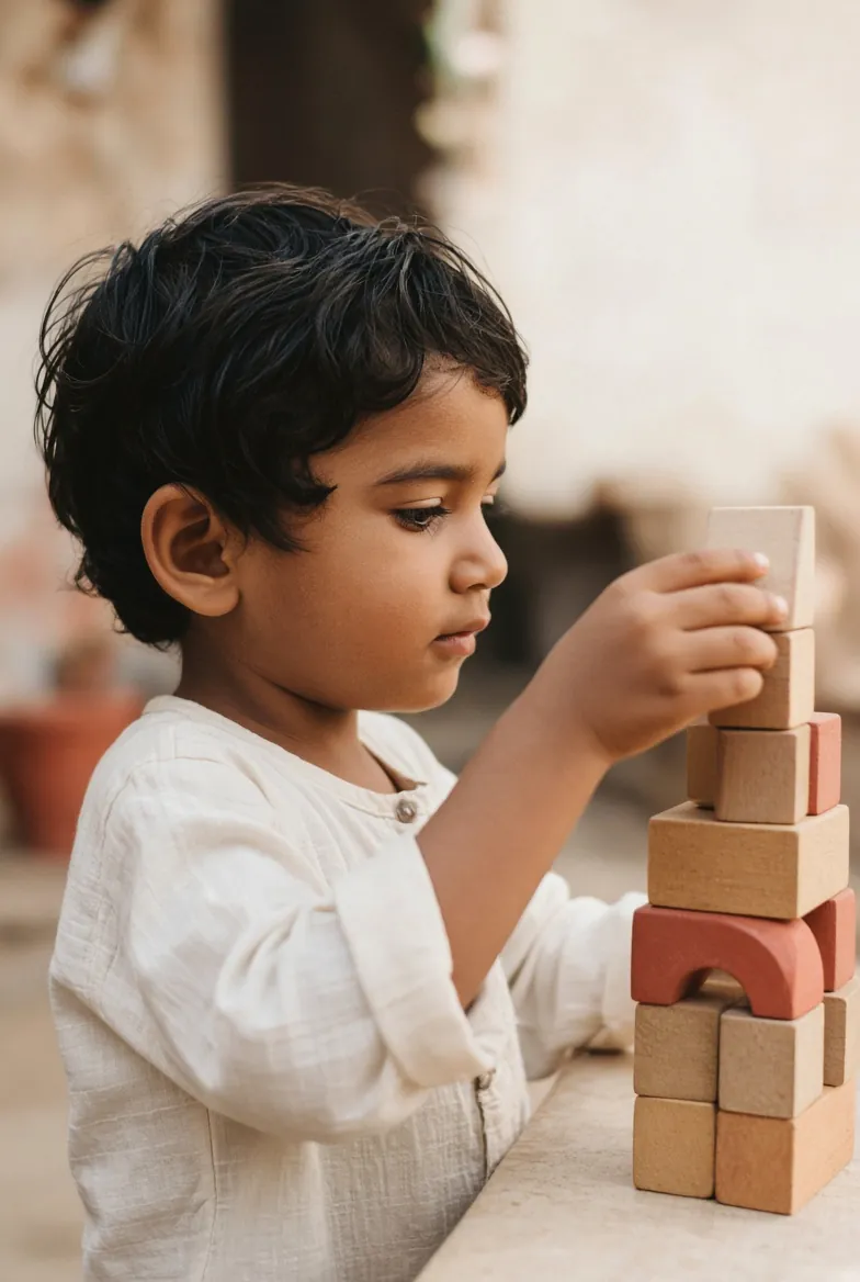 A young child concentrating while stacking wooden blocks