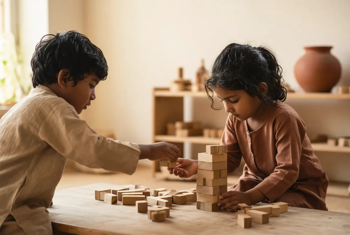 Two children building a block tower together at a low table
