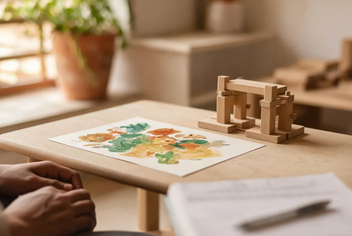 A child’s painting and block model on a low table beside an adult’s notebook