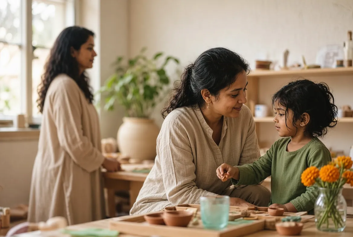A parent watching as a teacher and child work together
