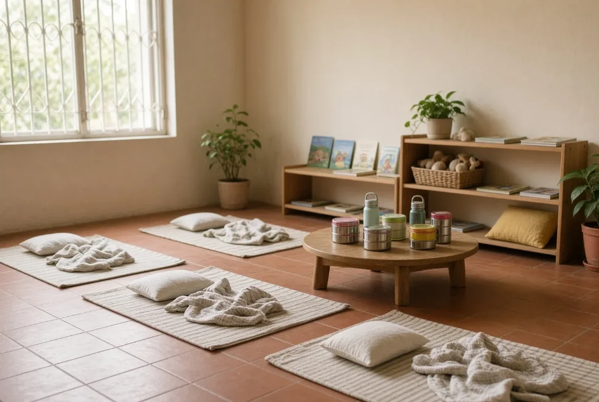 A calm classroom set for afternoon rest: mats with pillows and blankets, tiffin boxes on a low table, picture books on low shelves