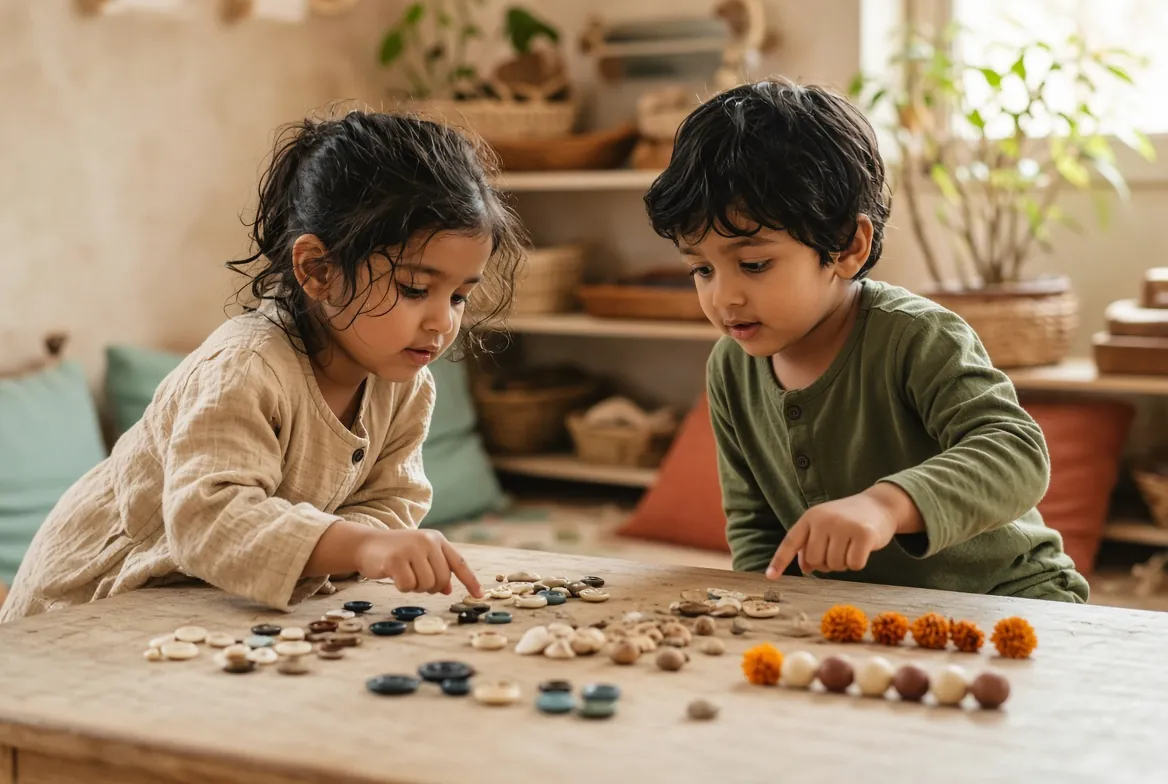 Two children comparing rows of buttons and seeds on a table