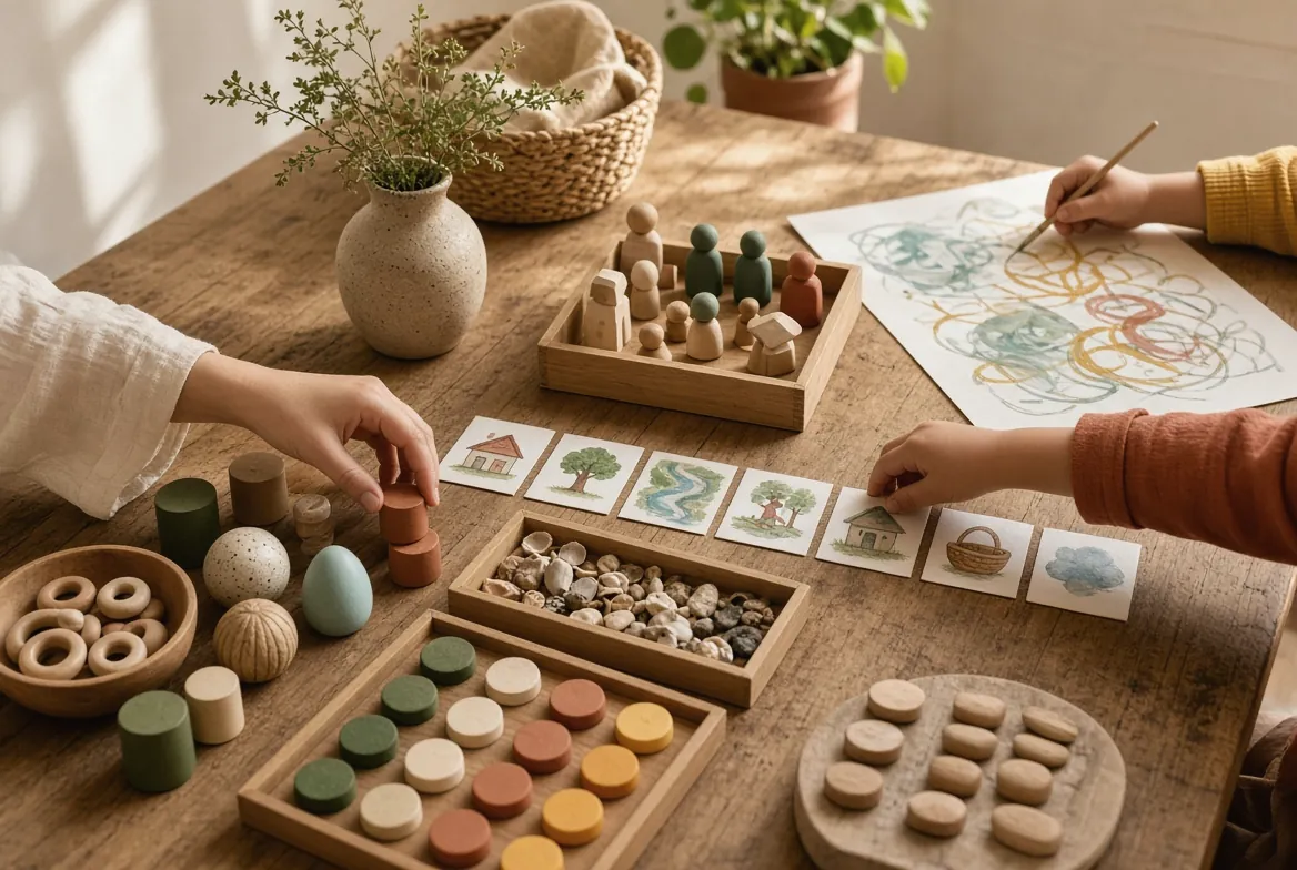 Early-years materials arranged from simple to more complex on a table