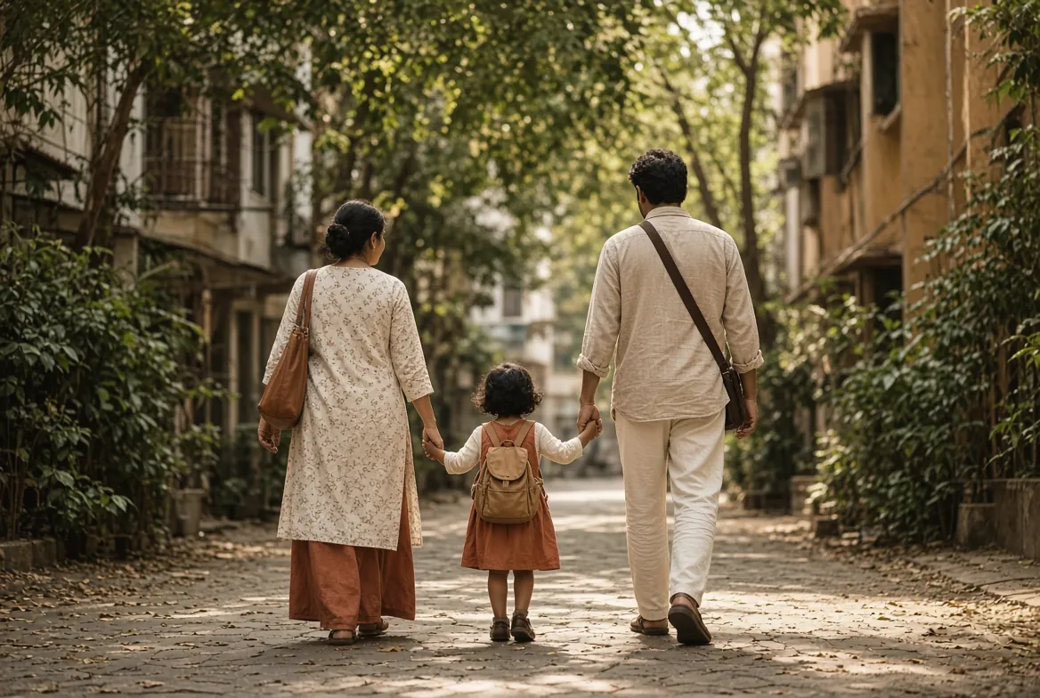 A family walking a young child along a leafy South Mumbai lane