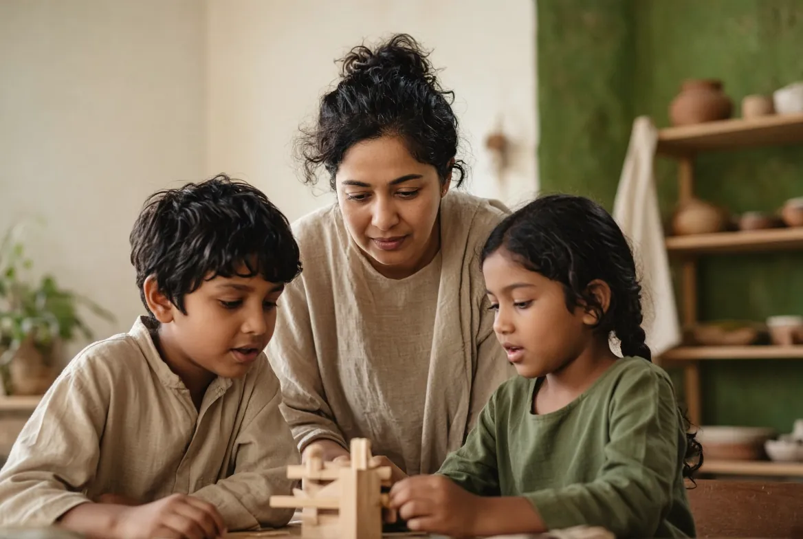 A teacher and two children working on a wooden construction together