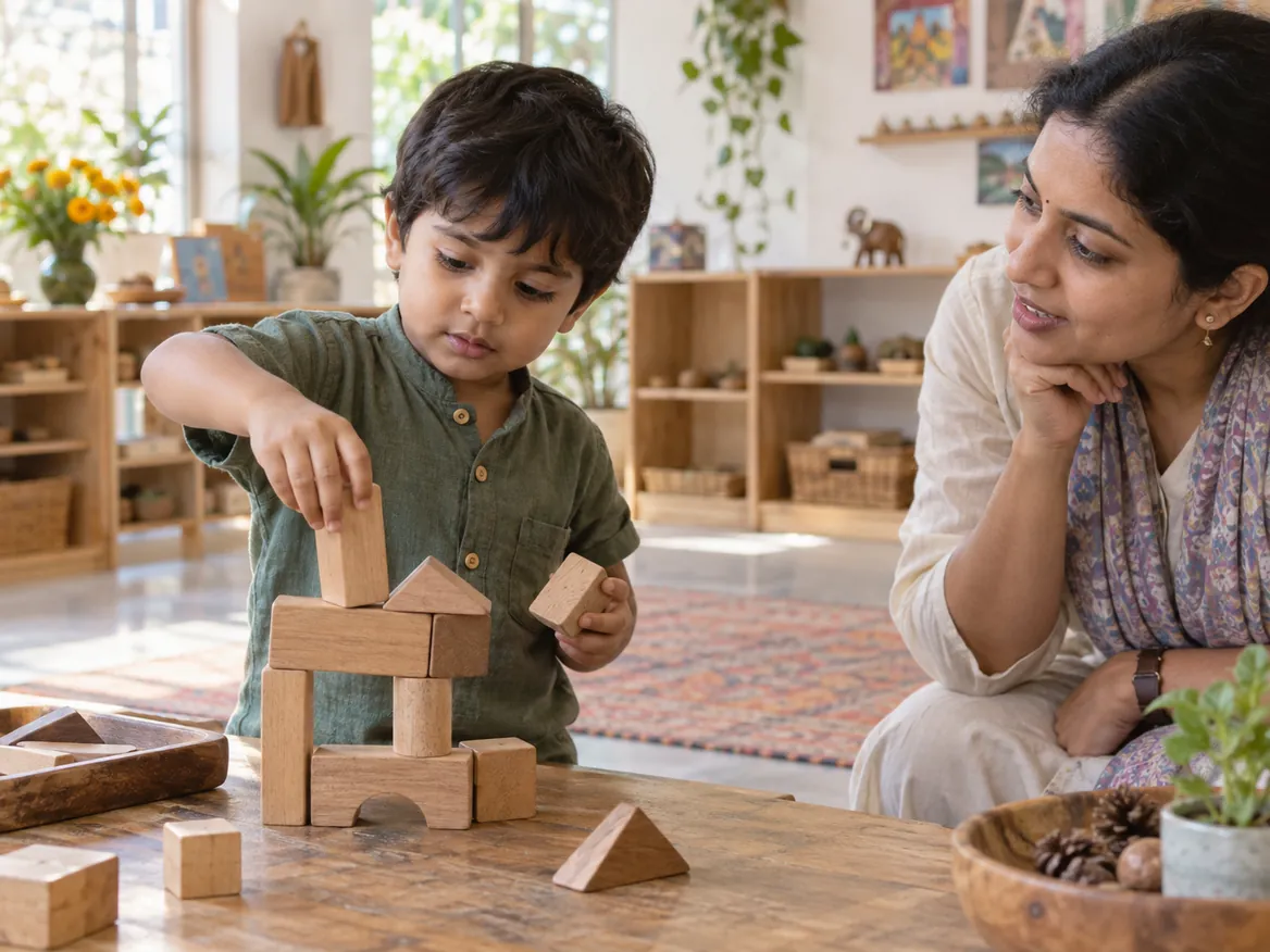 A teacher at child height watching a boy build an arch from wooden blocks