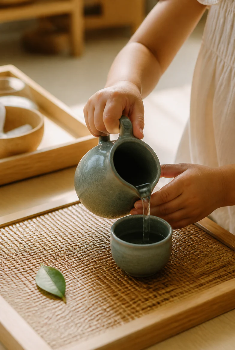 A young child carefully pours water from a small jug into a cup