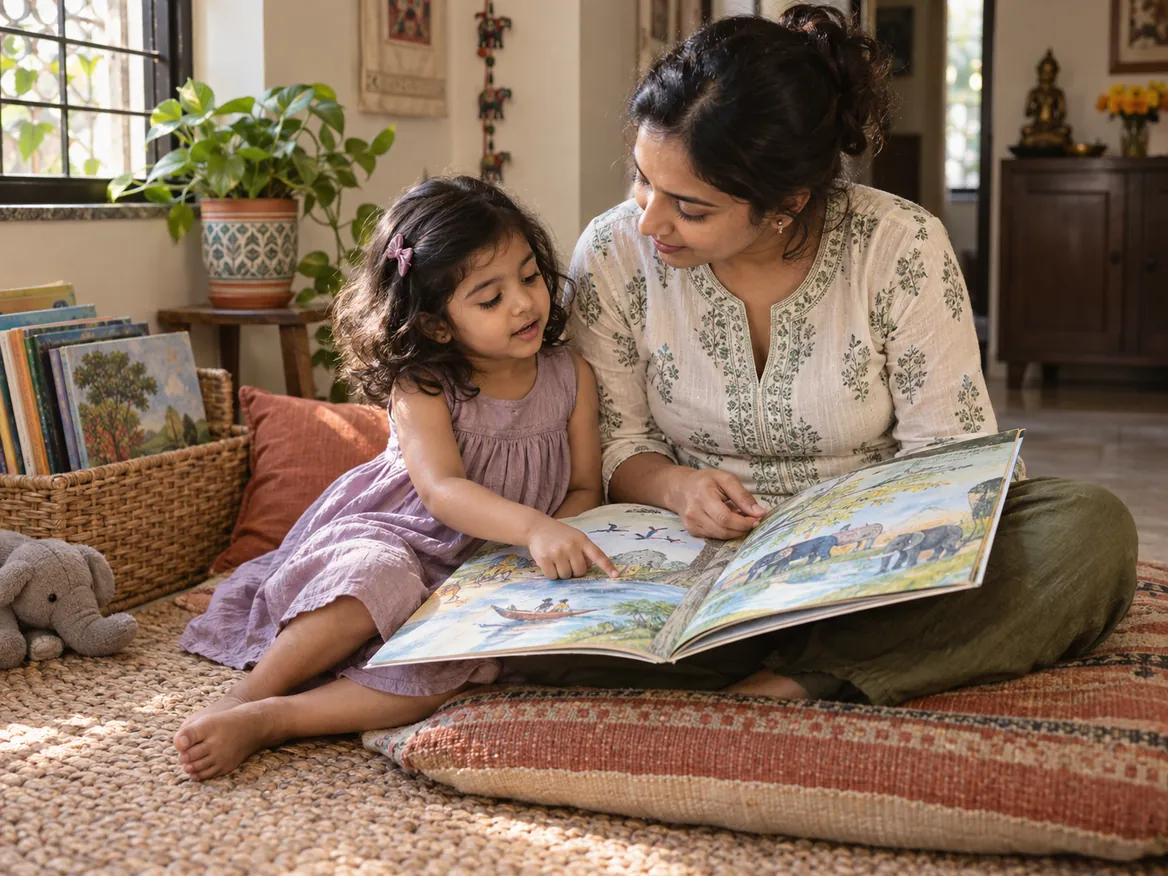 A parent and child reading a picture book together on floor cushions