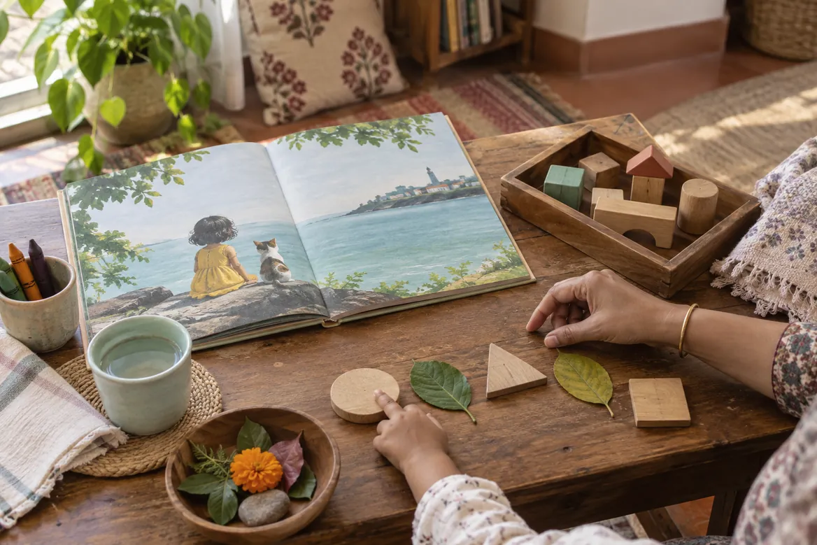 A parent and child exploring leaves, blocks and a picture book at a home table