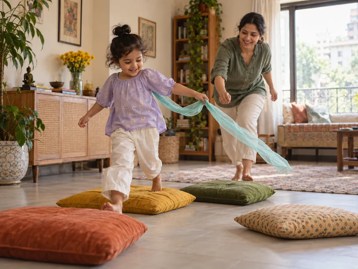 A child dancing with a scarf across floor cushions while a parent joins in