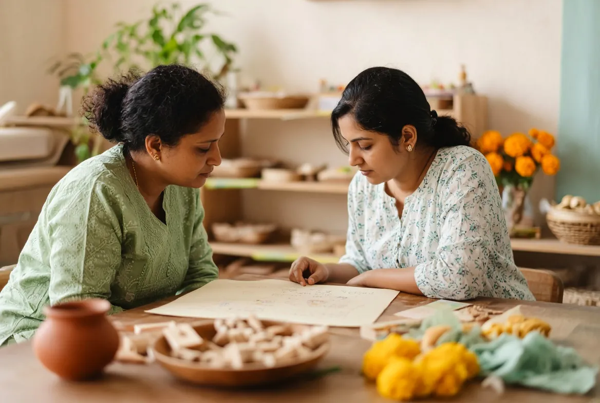 A parent and teacher reading a child’s notes together