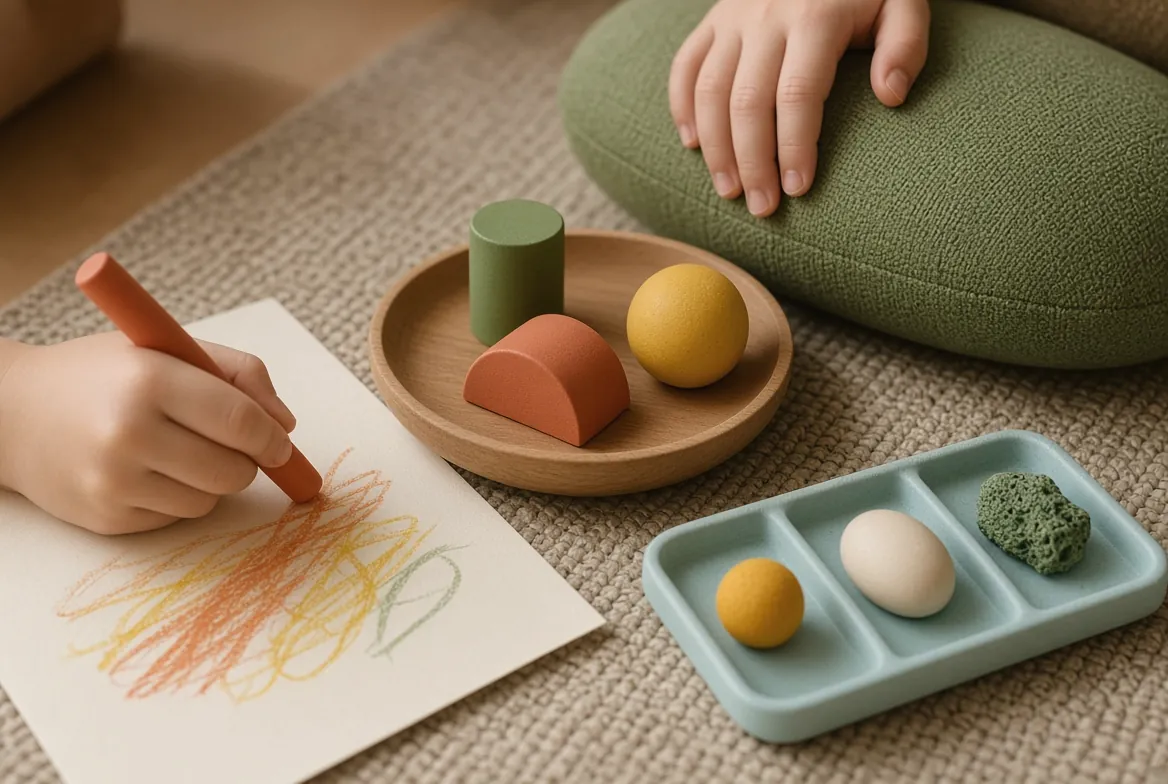 A child’s crayon marks beside chunky shapes on a tray