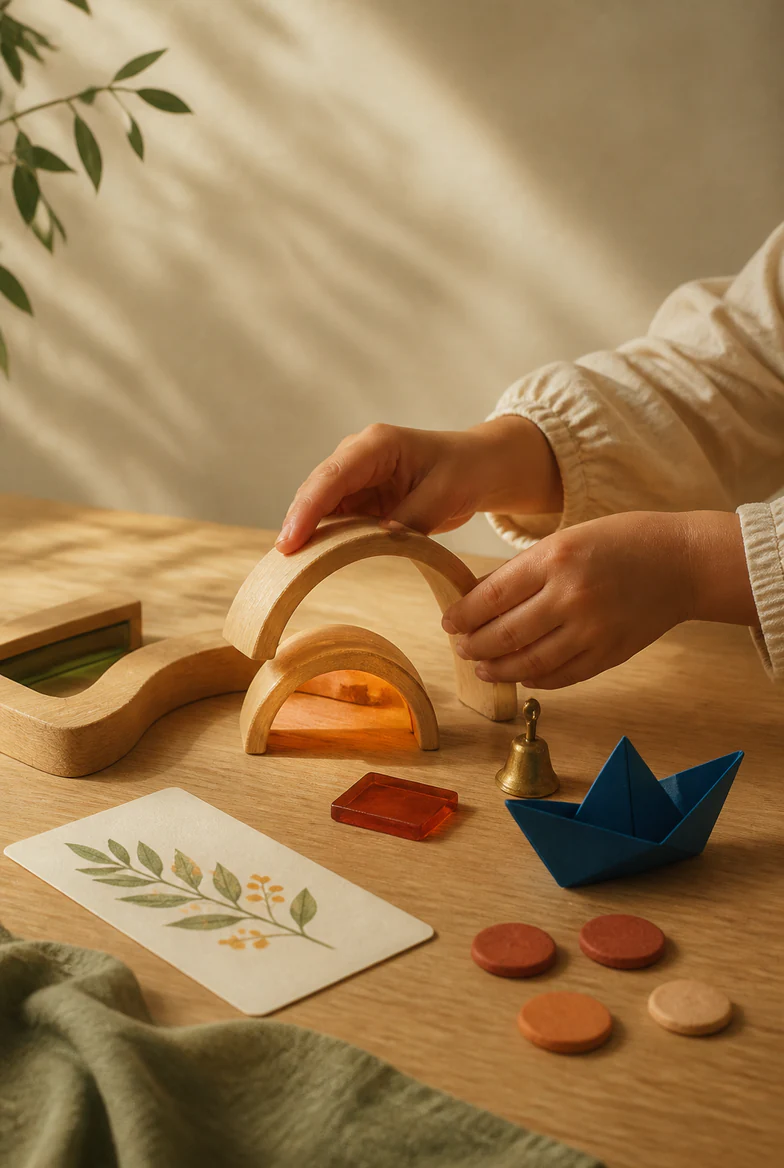 A young child arranging curved wooden building pieces at a sunlit table
