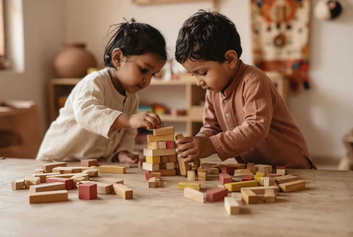 Two children rebuilding a wooden block tower together