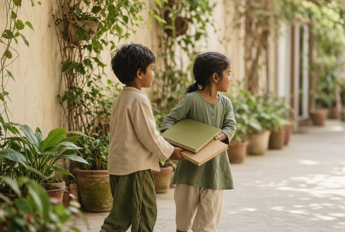 Two children carrying books along a plant-lined corridor