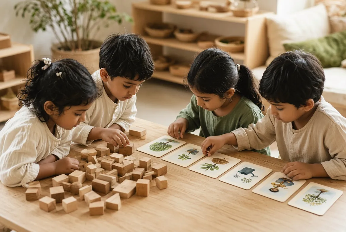 Four children matching picture cards and blocks at a table
