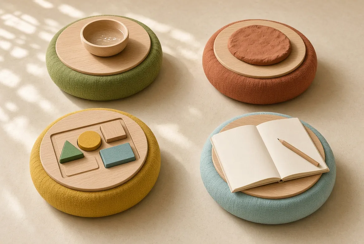 Four cushioned stepping stones holding materials of growing complexity