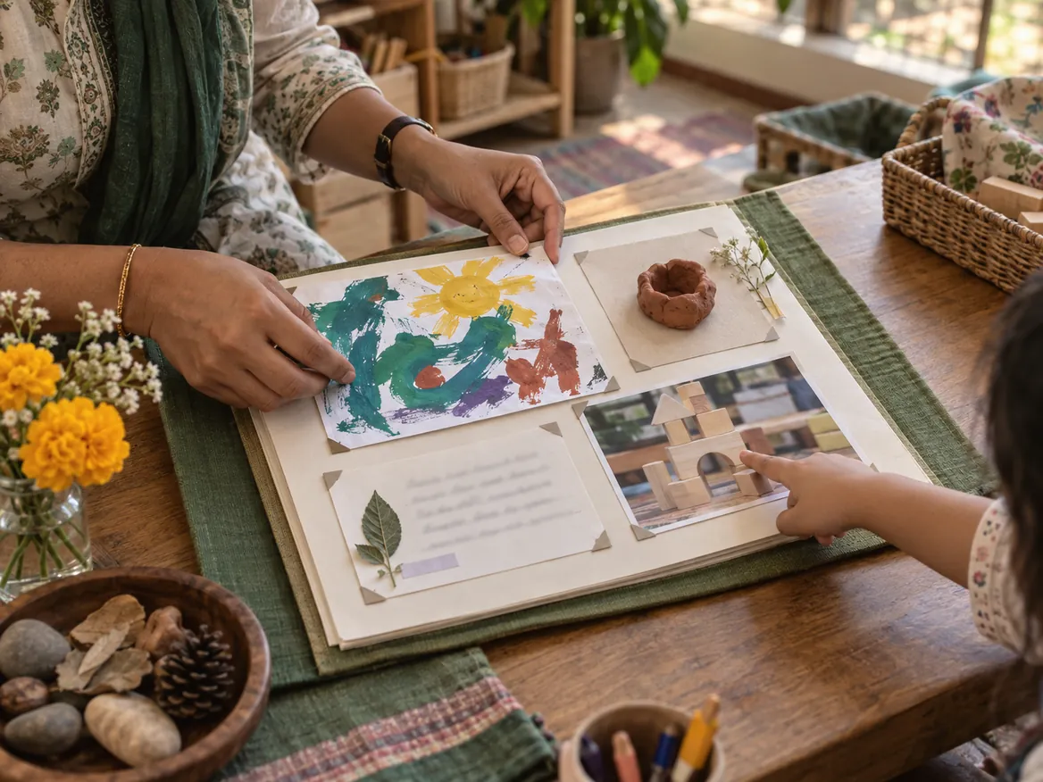 A teacher and child adding a painting and a photograph to a learning journal