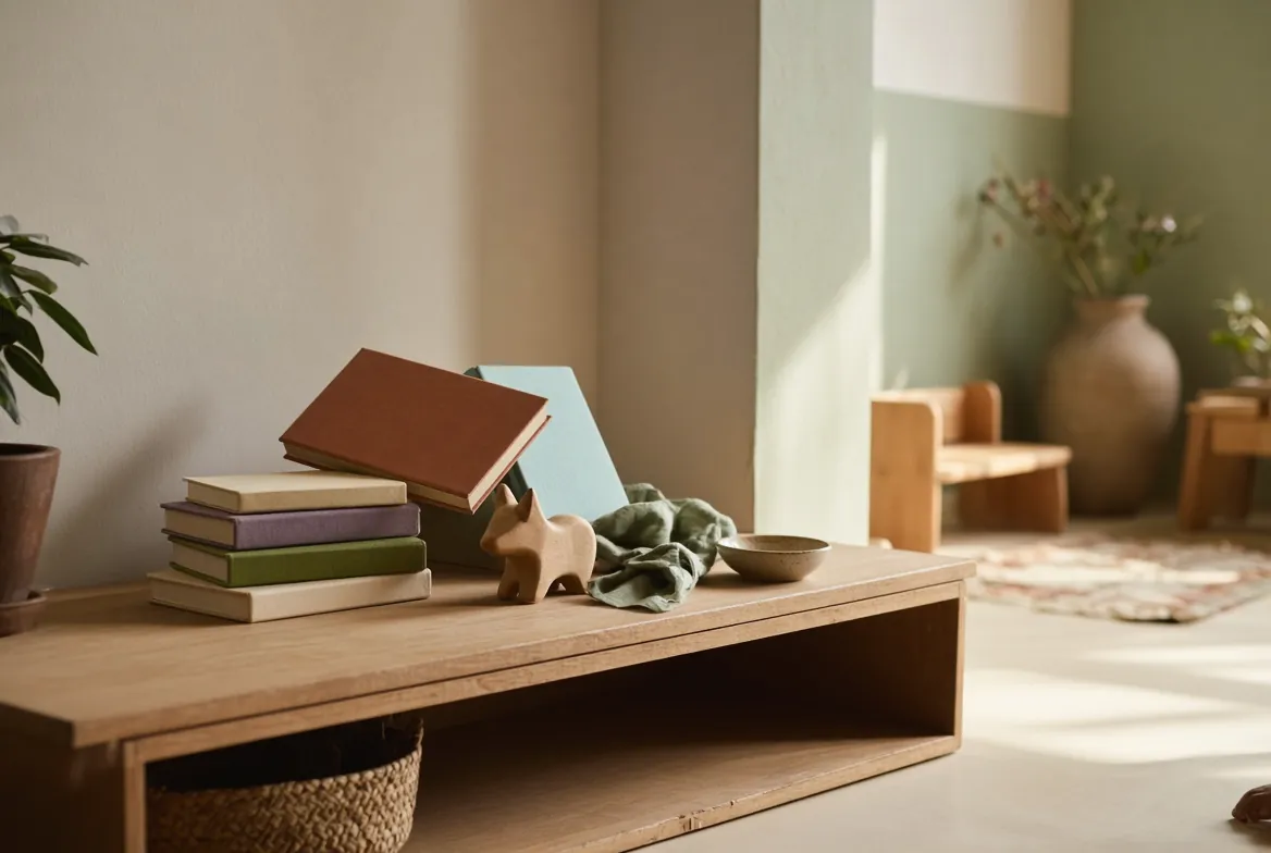 A stack of picture books and a wooden animal on a low ledge