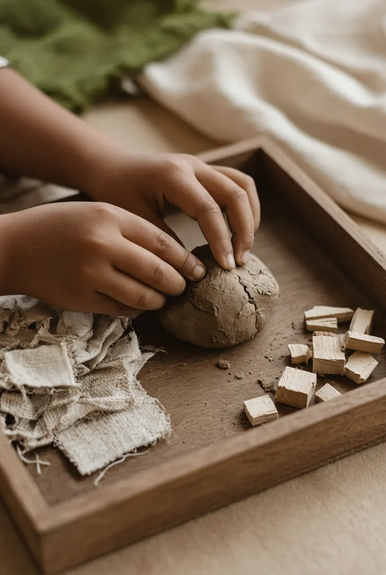A child’s hands pressing clay beside small wooden blocks in a tray