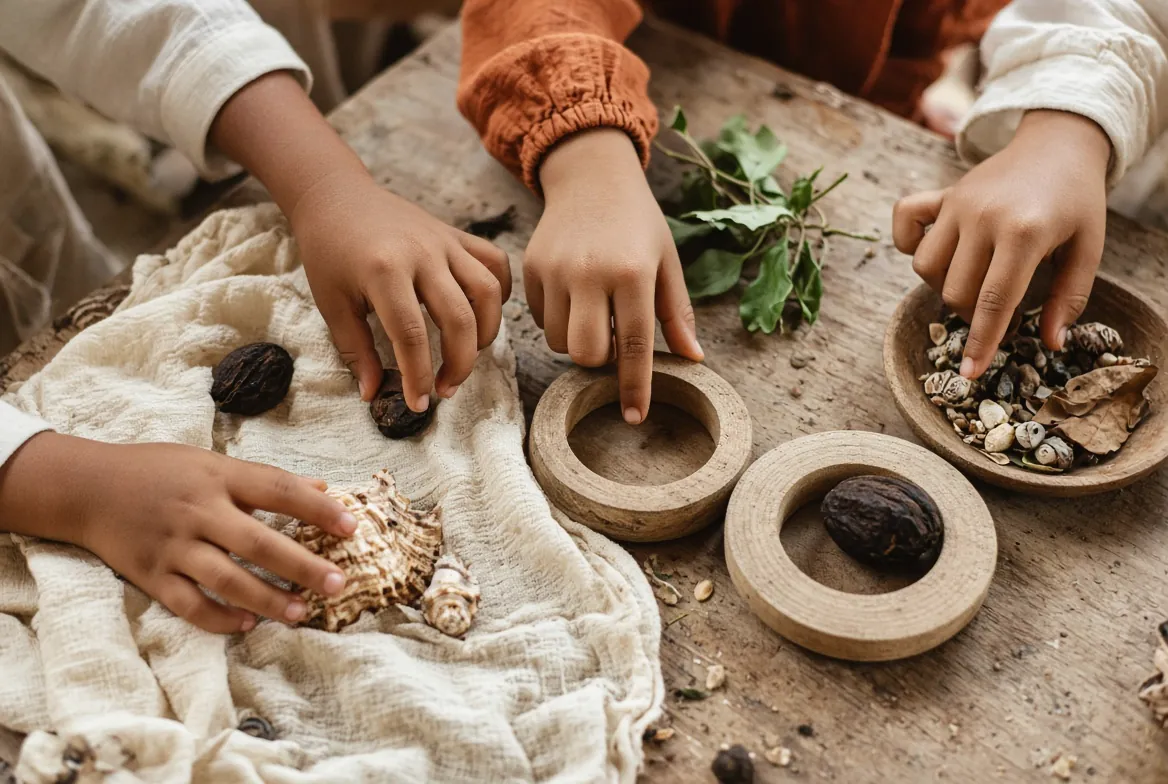 Children’s hands exploring shells, seed pods and wooden rings on cloth