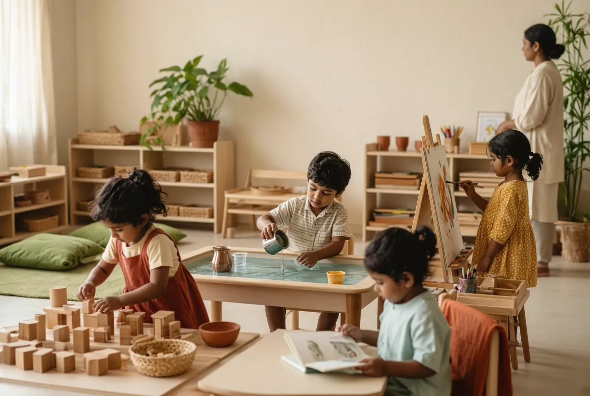 Children busy with blocks, water and painting in an open classroom