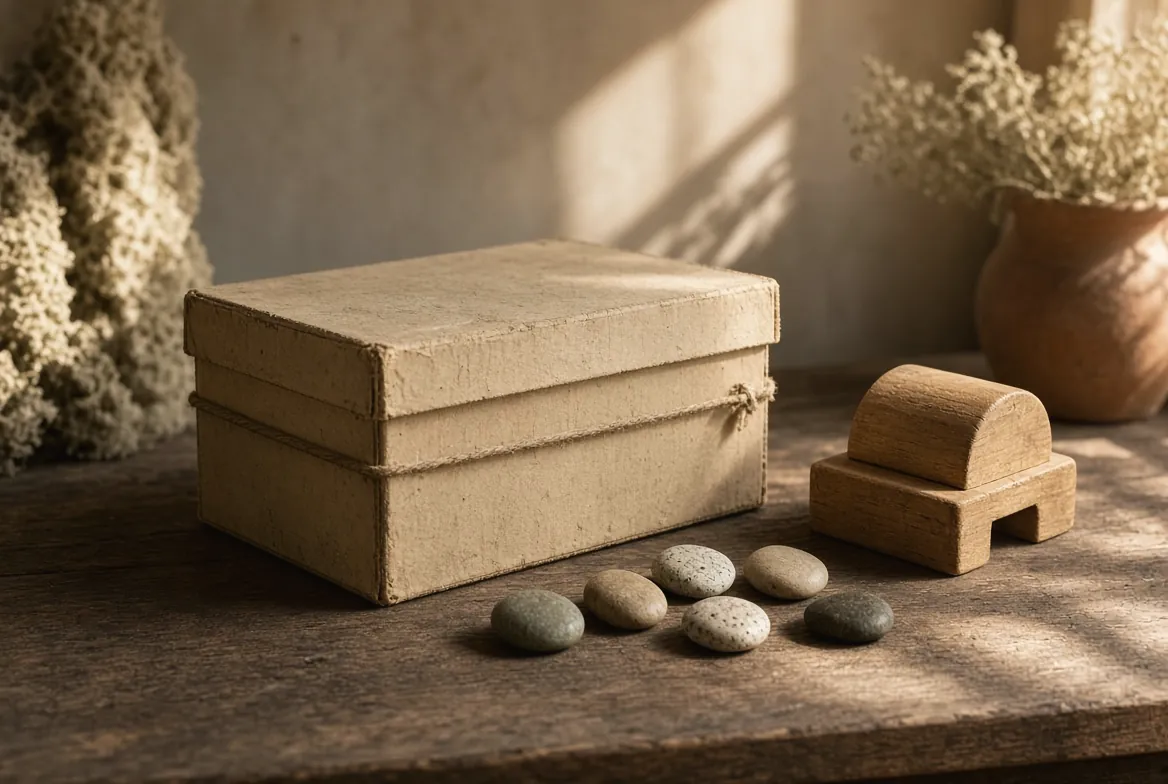 A keepsake box, pebbles and a wooden block on a sunlit table