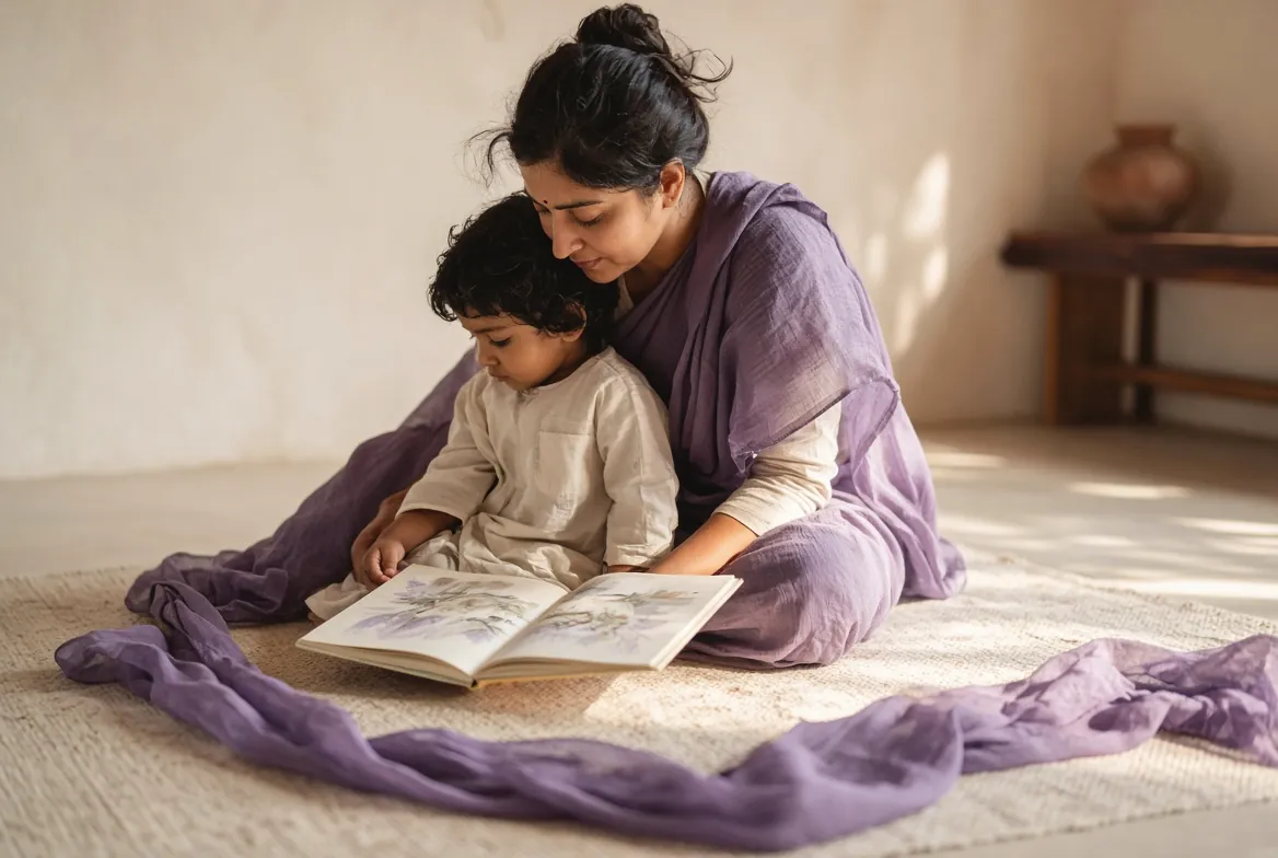 An adult reading with a child wrapped in a lilac cloth