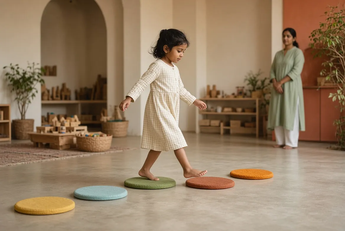 A child stepping across coloured floor discs in a bright room
