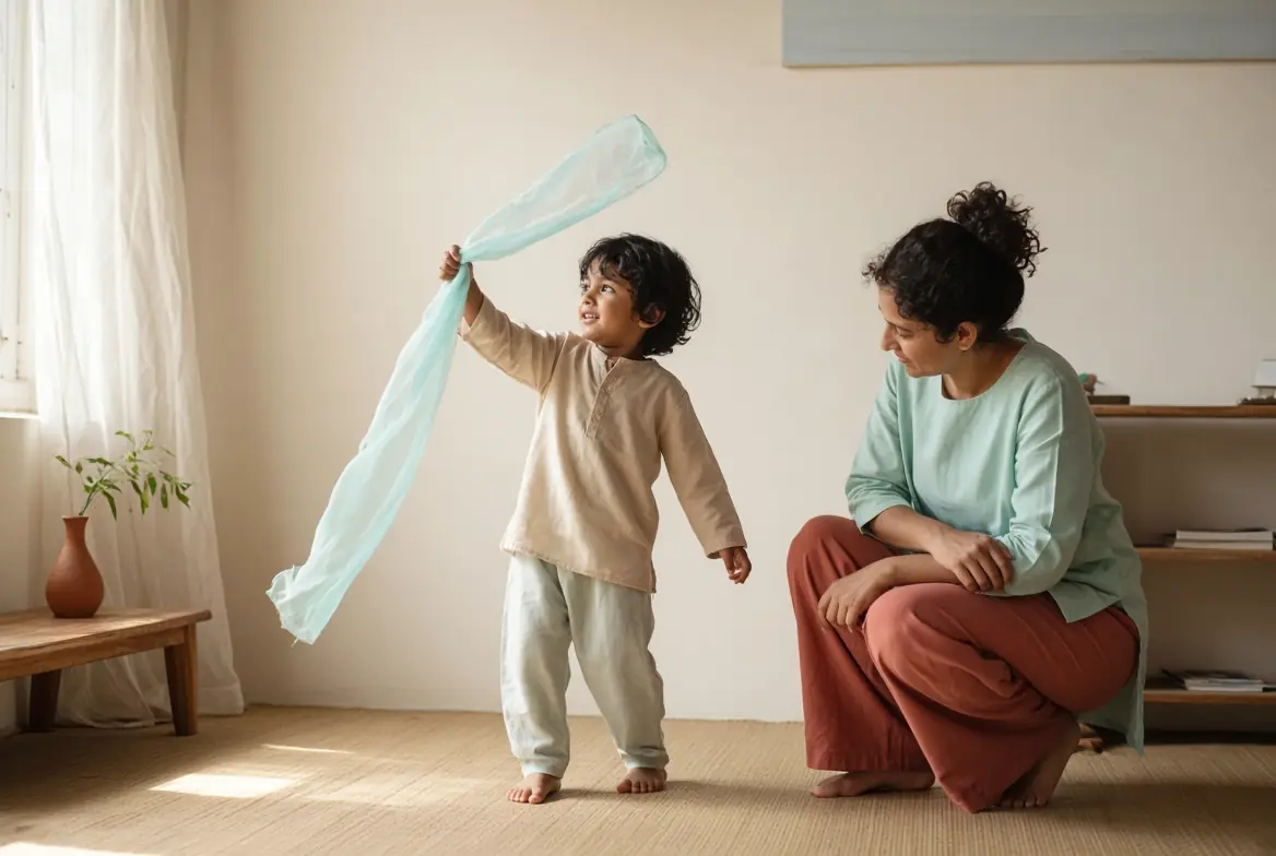 A parent crouches beside a toddler who waves a light scarf above his head