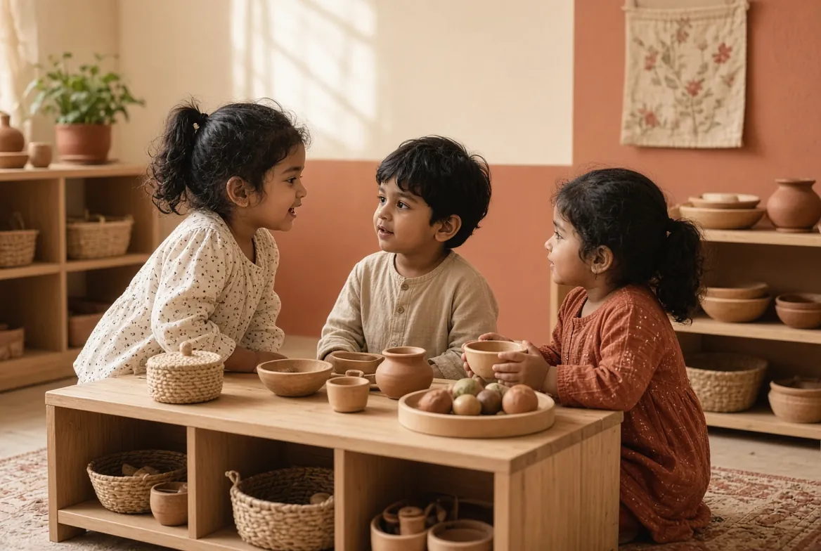 Three children playing at a pretend kitchen with clay pots and bowls