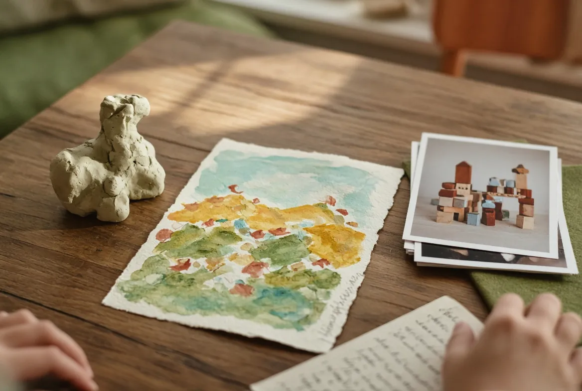 A child’s clay model, painting and block photograph gathered for a learning story