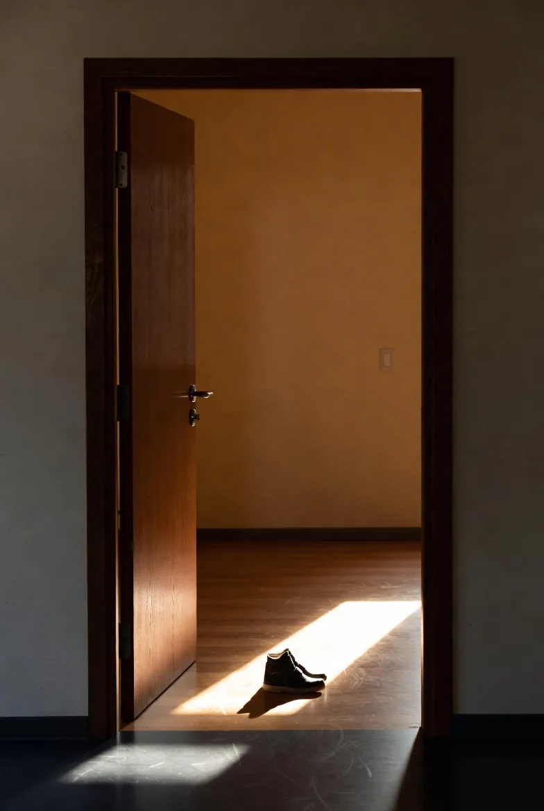 An open door with sunlight spilling across the floor