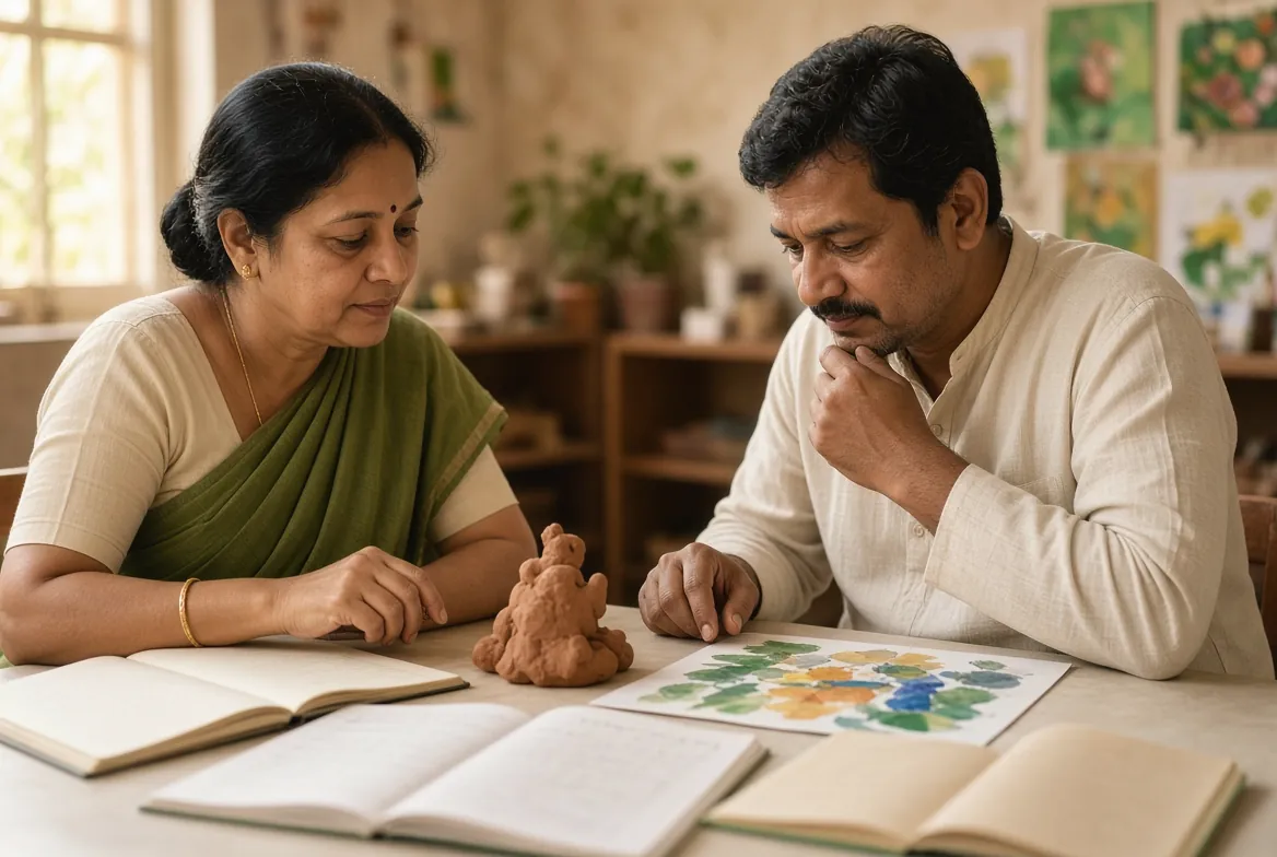 Two adults looking through a child’s drawings, notes and a clay model