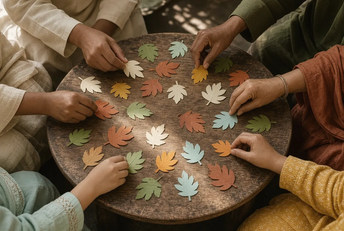 Adults’ and children’s hands arranging paper leaves around a round table