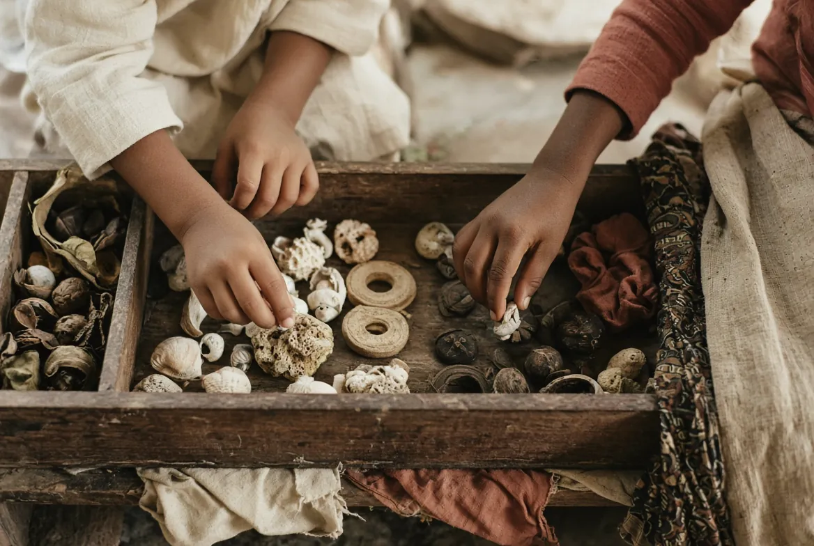 Children’s hands choosing shells, rings and fabric from a loose-parts tray