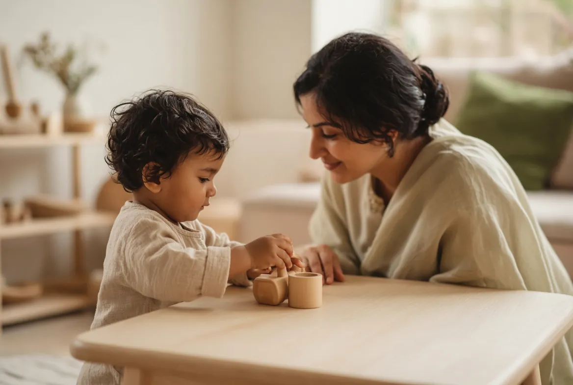 A toddler stacking wooden nesting cups with an adult at the table